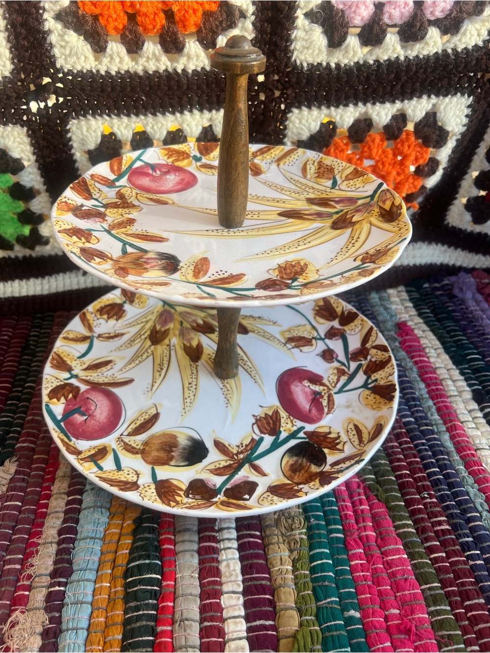 Vintage Hand Painted Two Tier Serving Tray Fruit Floral Tea Party Stand